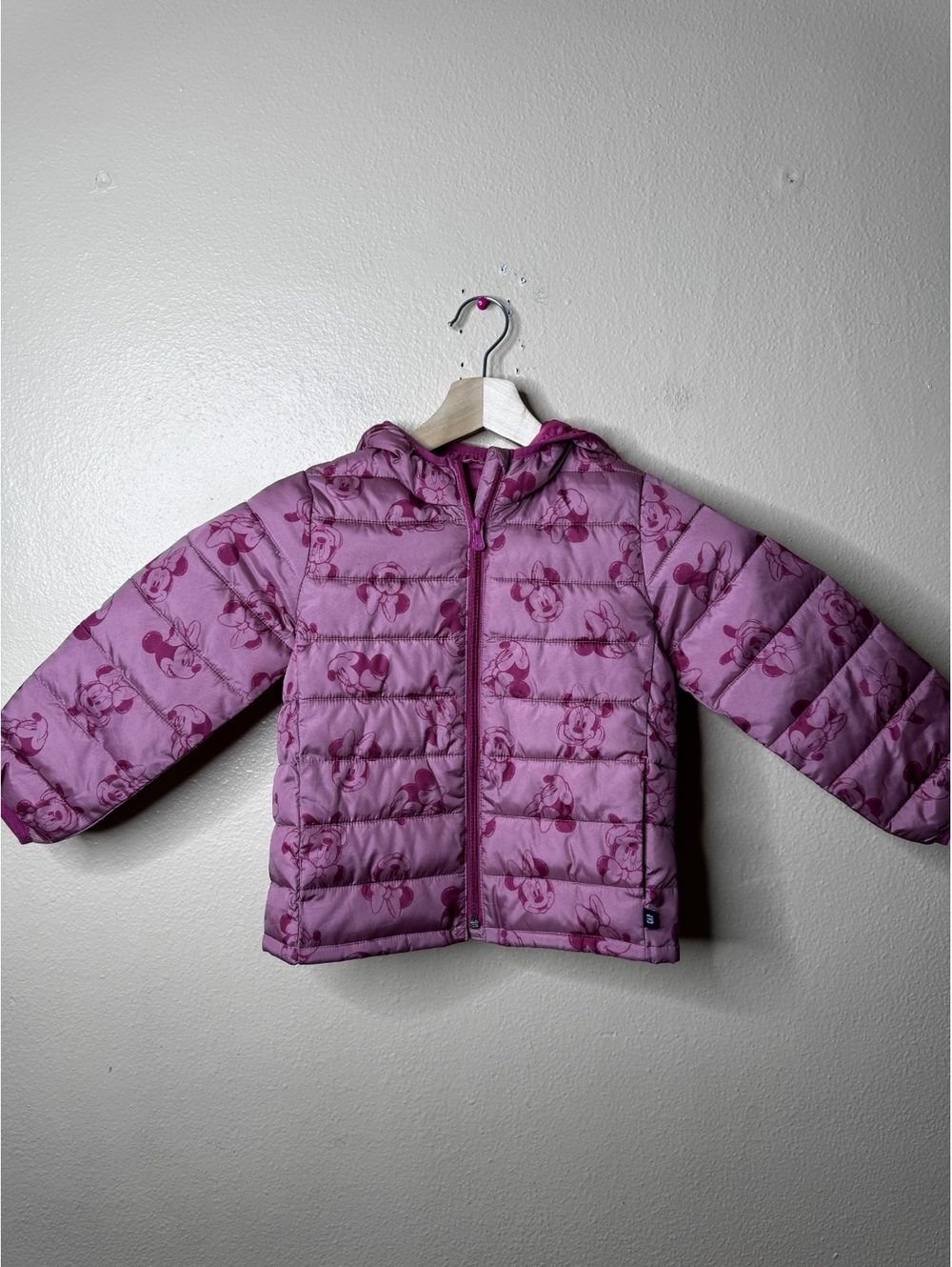 Baby Gap Disney Girls Size 5 Puffer Jacket Pink Minnie Mouse Hooded Full Zip